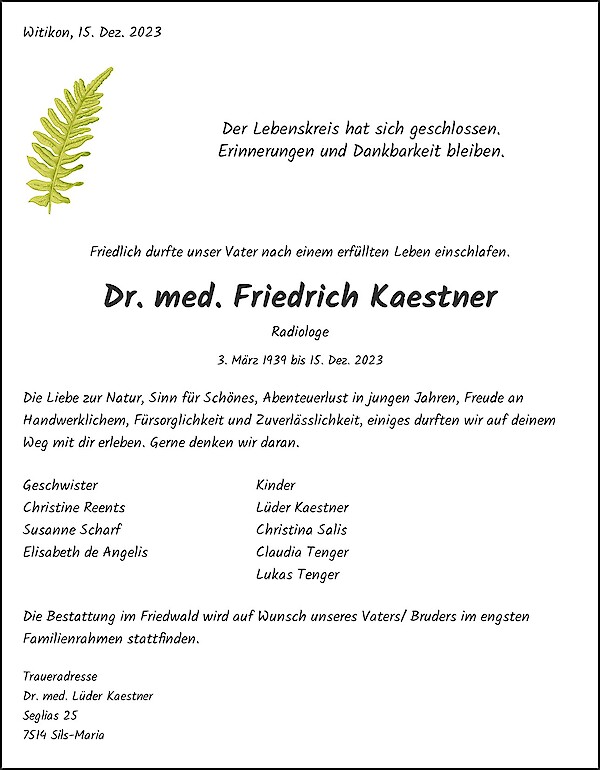 Avis de décès de Dr. med. Friedrich Kaestner