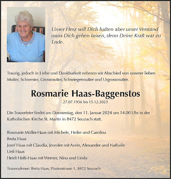 Obituary Rosmarie Haas-Baggenstos, Rämismühle Zell