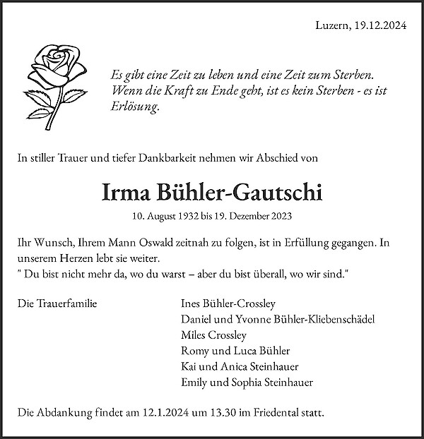 Avis de décès de Irma Bühler-Gautschi