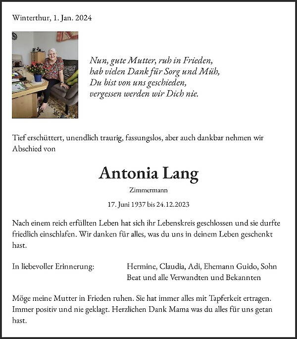Avis de décès de Antonia Lang, Olten