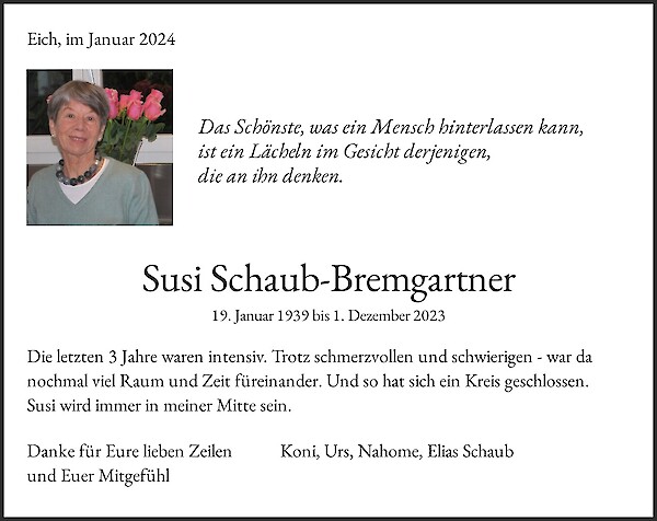 Avis de décès de Susi Schaub-Bremgartner, Eich
