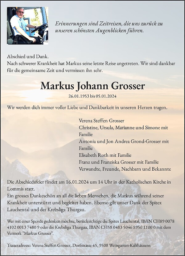 Avis de décès de Markus Johann Grosser