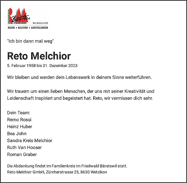 Obituary Reto Melchior, Wetzikon