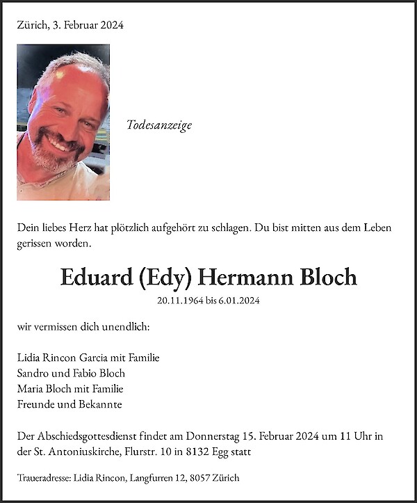 Avis de décès de Eduard (Edy) Hermann Bloch