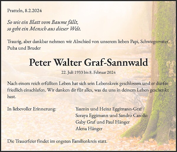 Avis de décès de Peter Walter Graf-Sannwald