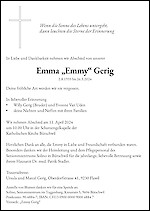 Necrologio Emma „Emmy“ Gerig, Bütschwil