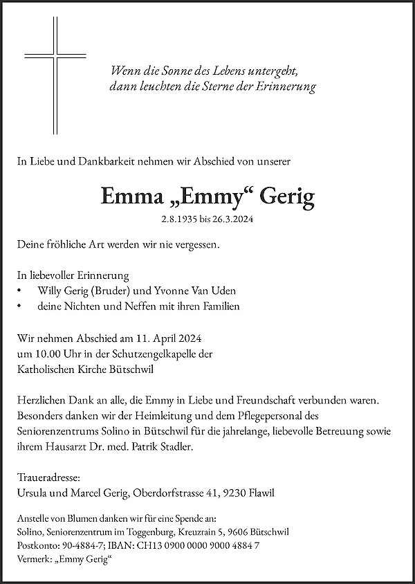 Avis de décès de Emma „Emmy“ Gerig, Bütschwil
