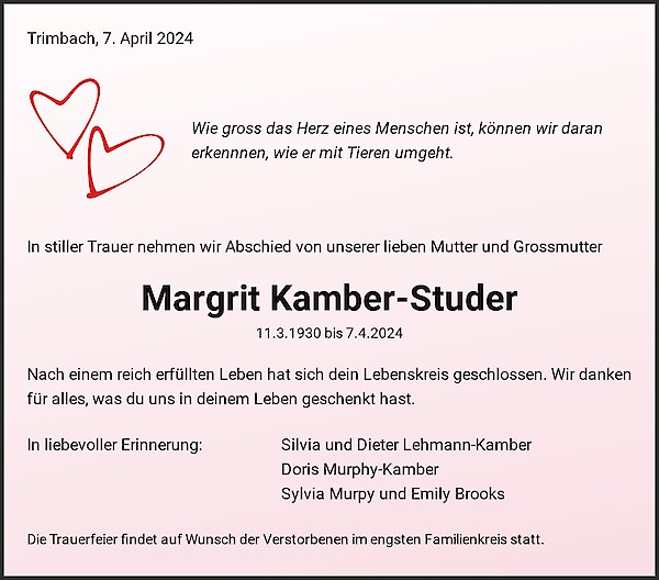 Obituary Margrit Kamber-Studer, Olten