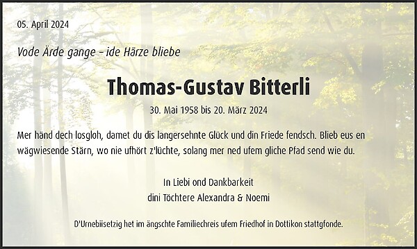 Avis de décès de Thomas-Gustav Bitterli