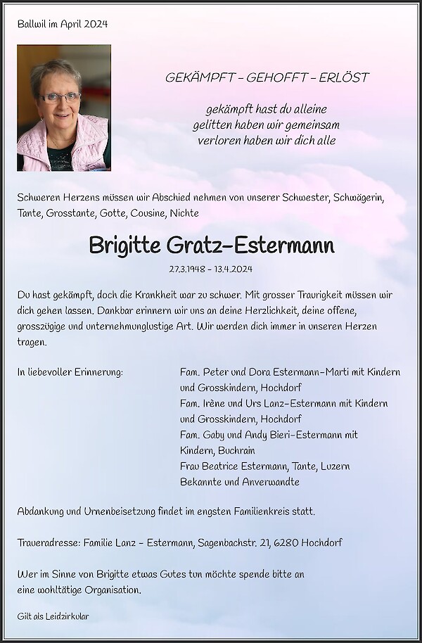 Avis de décès de Brigitte Gratz-Estermann, Ballwil