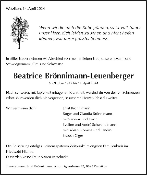 Avis de décès de Beatrice Brönnimann-Leuenberger