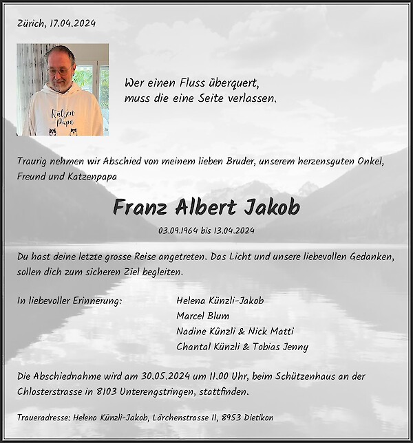 Avis de décès de Franz Albert Jakob