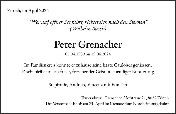 Todesanzeige von Peter Grenacher, Zürich