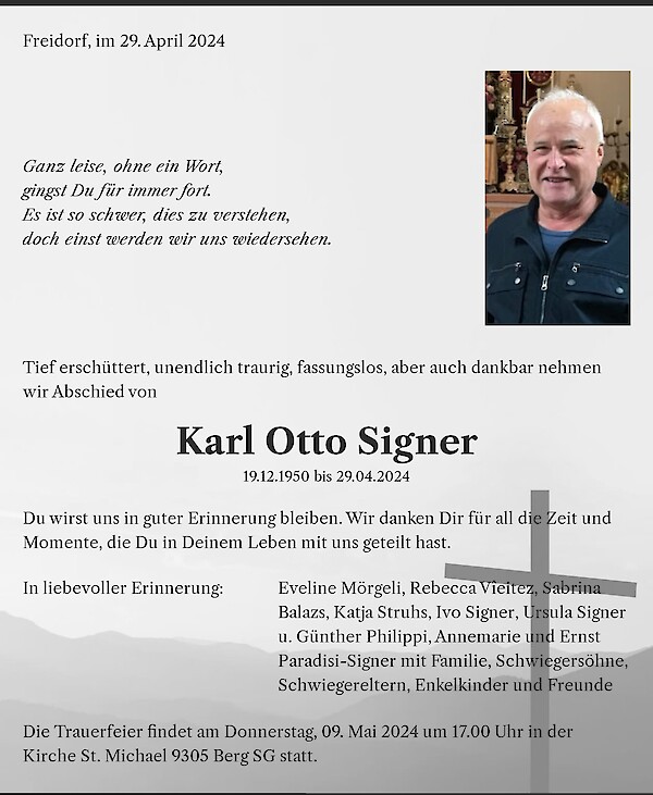 Avis de décès de Karl Otto Signer, Freidorf