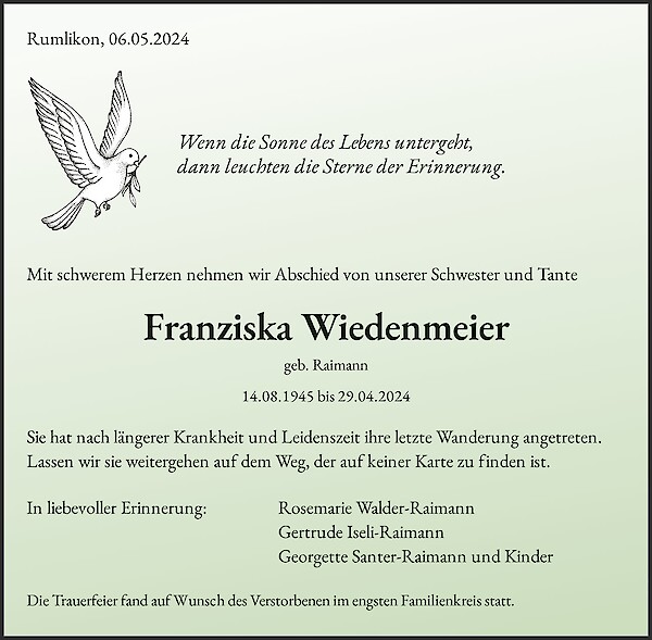 Obituary Franziska Wiedenmeier, Kreuzlingen