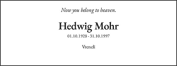Avis de décès de Hedwig Mohr