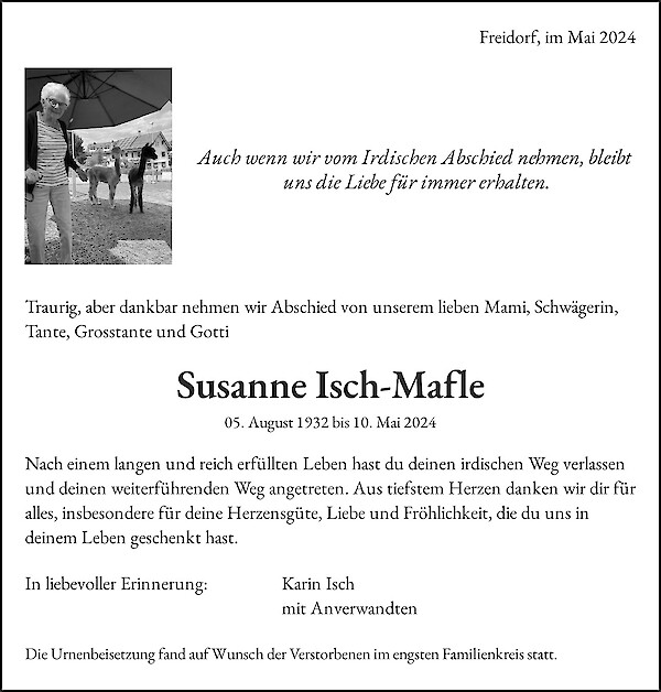 Avis de décès de Susanne Isch-Mafle