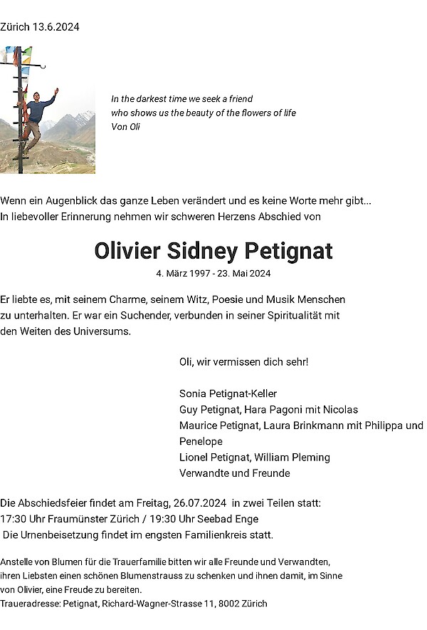 Todesanzeige von Olivier Sidney Petignat, Zürich