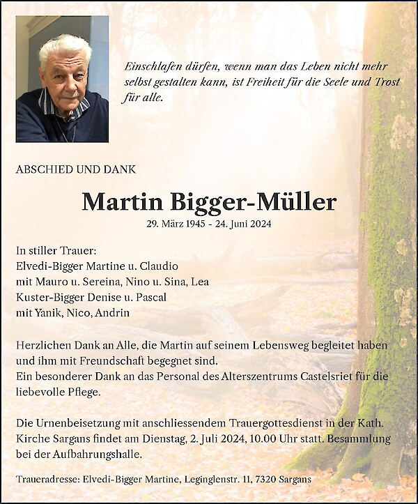 Avis de décès de Martin Bigger-Müller