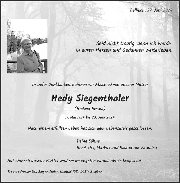 Avis de décès de Hedy Siegenthaler