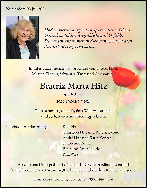 Necrologio Beatrix Marta Hitz, Nürensdorf