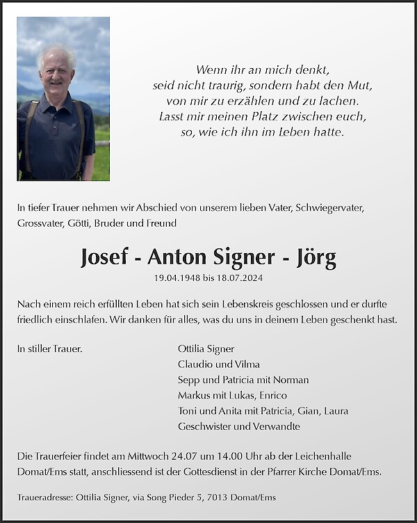 Obituary Josef - Anton Signer - Jörg, Domat/Ems