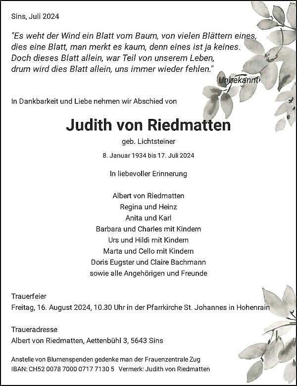 Avis de décès de Judith von Riedmatten, Sins