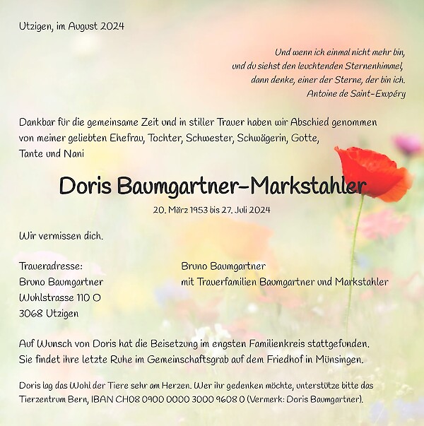 Avis de décès de Doris Baumgartner-Markstahler