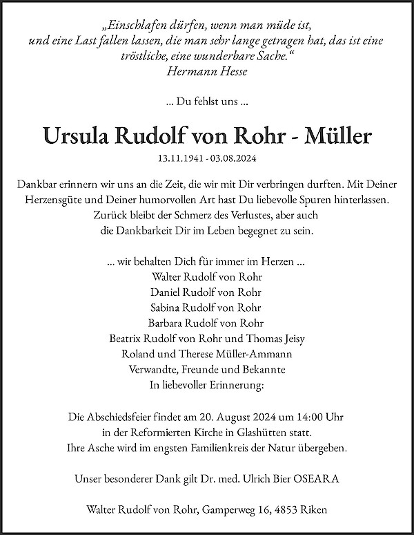 Obituary Ursula Rudolf von Rohr - Müller