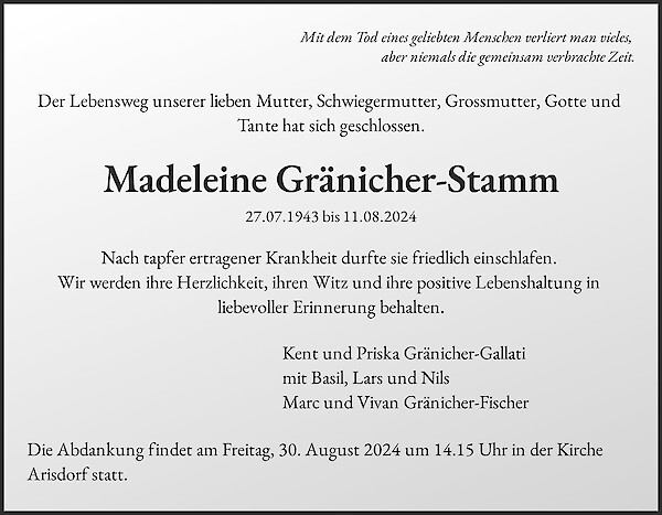 Avis de décès de Madeleine Gränicher-Stamm