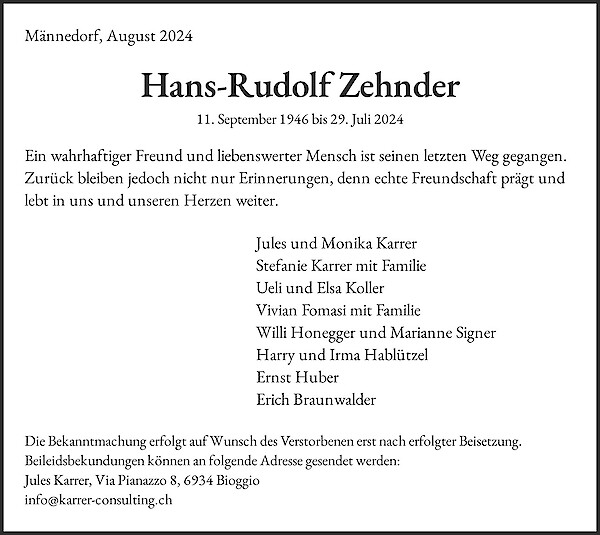 Obituary Hans-Rudolf Zehnder, Männedorf