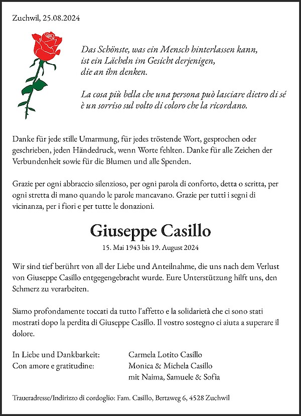 Obituary Giuseppe Casillo, Zuchwil