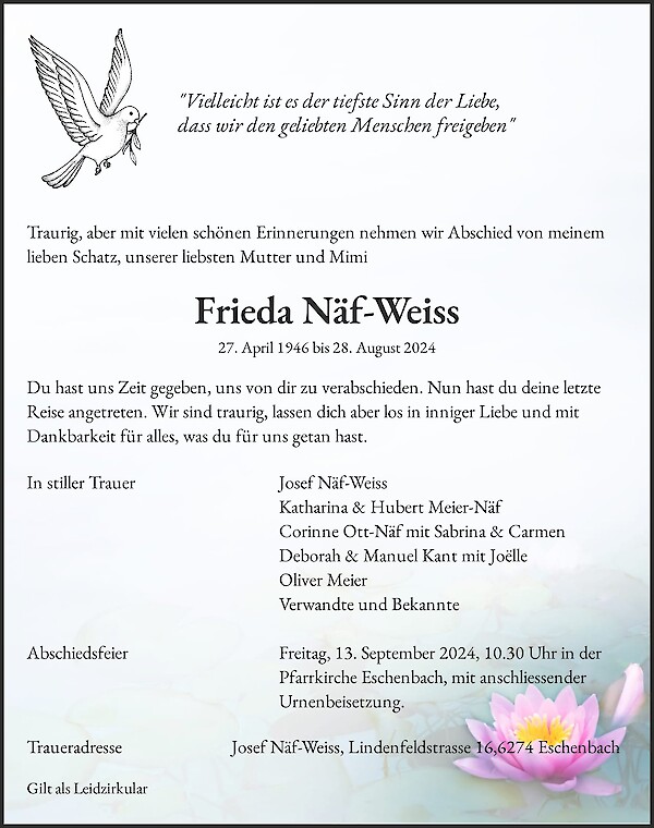 Necrologio Frieda Näf-Weiss, Eschenbach