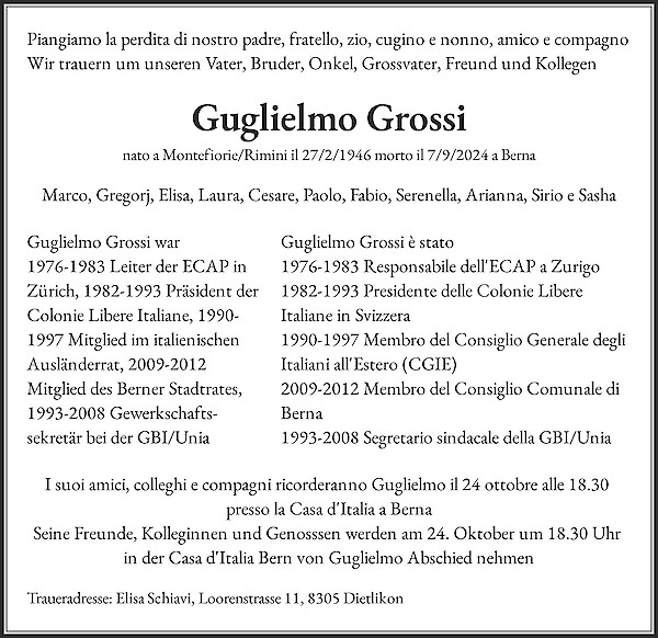 Avis de décès de Guglielmo Grossi, Bern