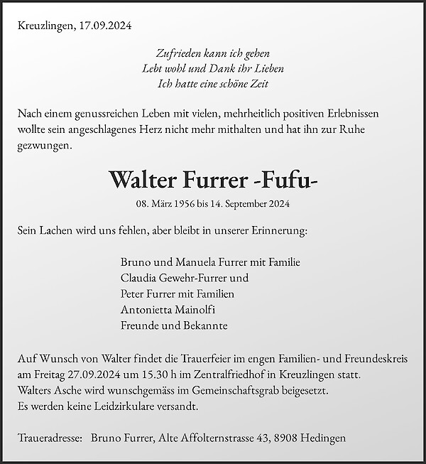 Avis de décès de Walter Furrer    -Fufu-, Kreuzlingen