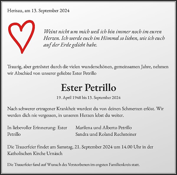 Obituary Ester Petrillo, Urnäsch