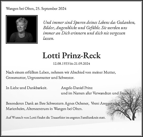 Obituary Lotti Prinz-Reck, Wangen bei Olten