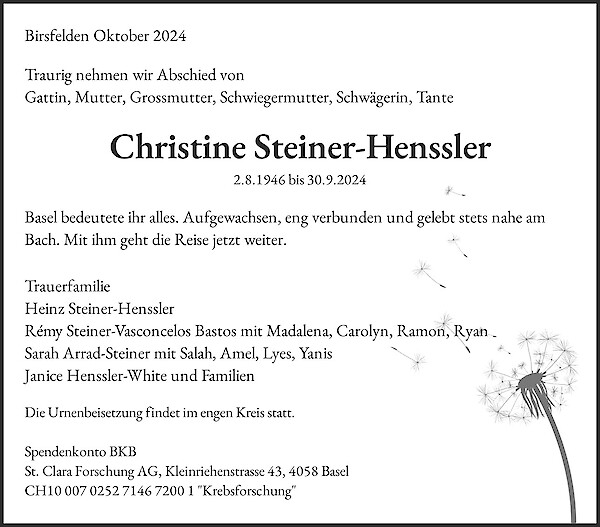 Obituary Christine Steiner-Henssler, Birsfelden