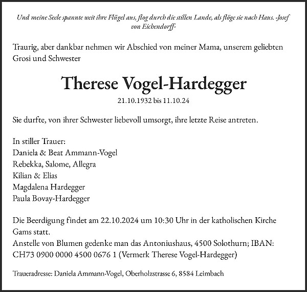 Obituary Therese Vogel-Hardegger