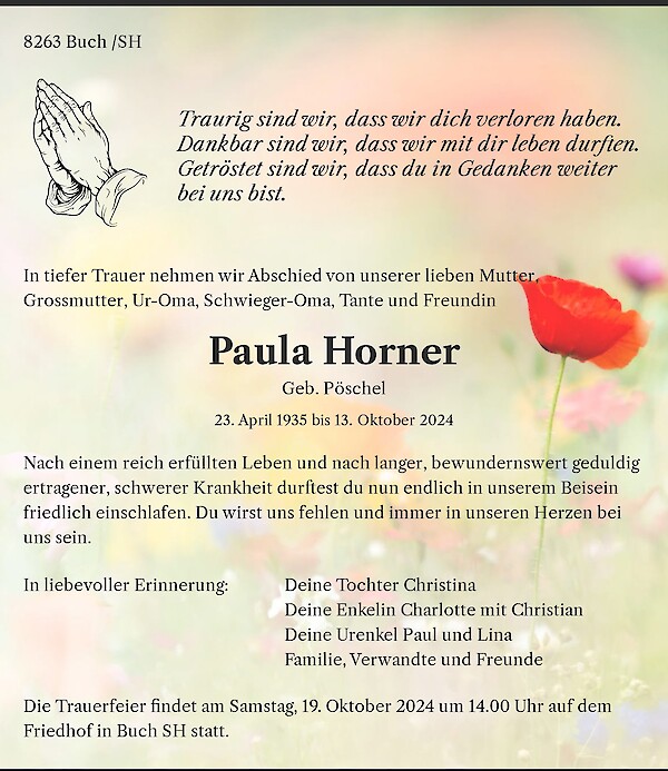 Obituary Paula Horner, Buch