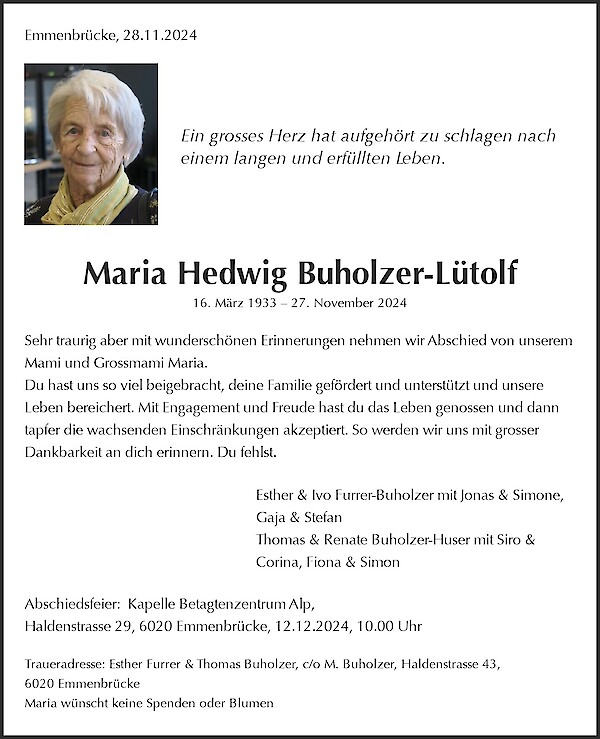 Necrologio Maria Hedwig Buholzer-Lütolf, Emmenbrücke