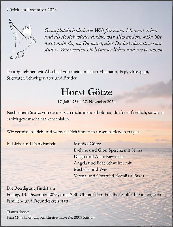 Obituary Horst Götze, Zürich