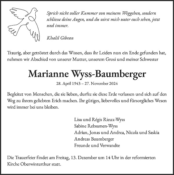 Obituary Marianne Wyss-Baumberger, Winterthur