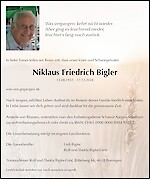 Todesanzeige Niklaus Friedrich Bigler, Boningen