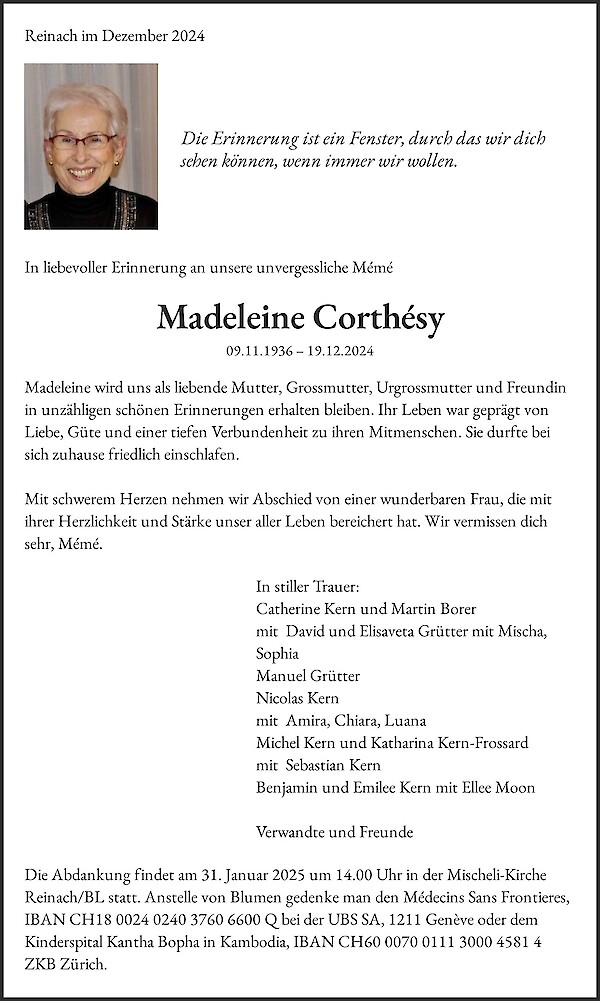 Todesanzeige von Madeleine Corthésy