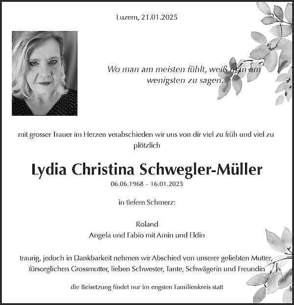 Todesanzeige von Lydia Christina Schwegler-Müller