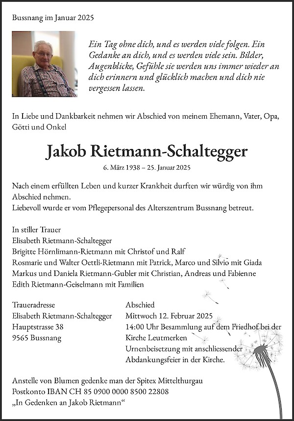 Avis de décès de Jakob Rietmann-Schaltegger, Bussnang