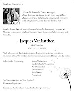 Todesanzeige Jacques Vonlanthen, Zürich