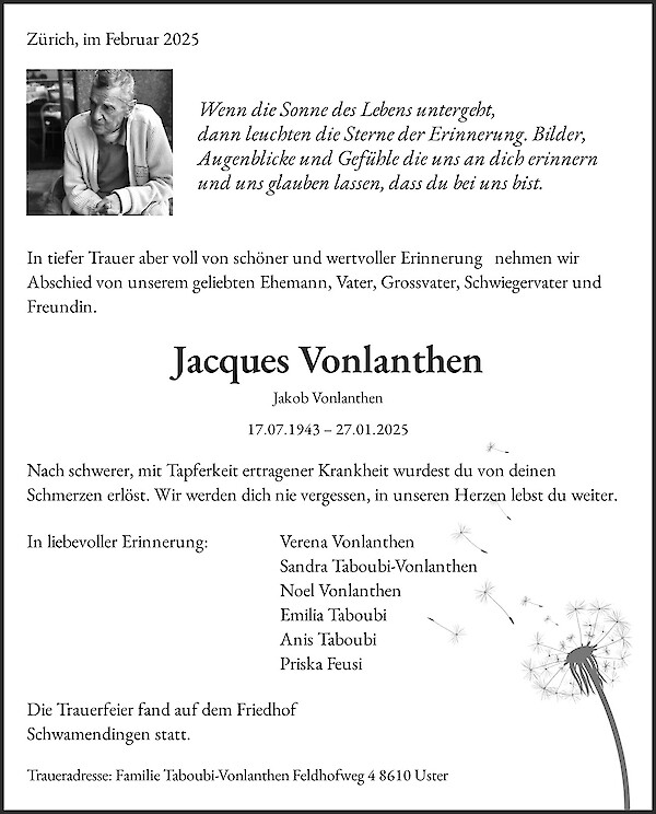 Todesanzeige von Jacques Vonlanthen, Zürich