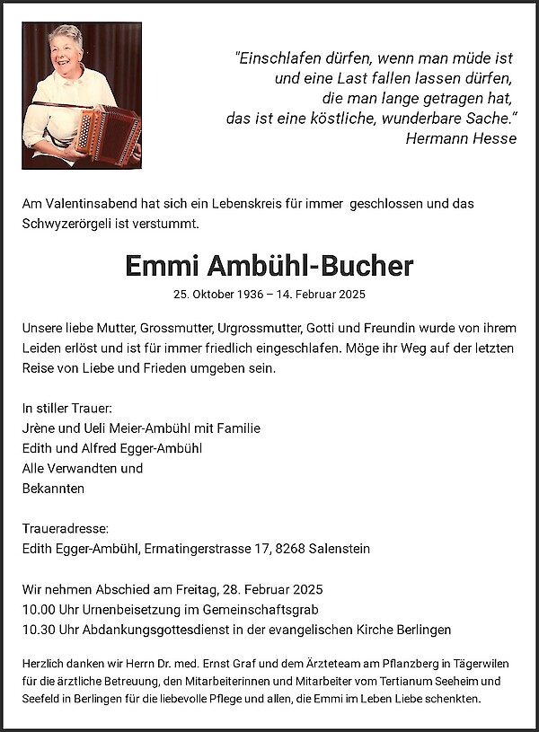 Todesanzeige von Emmi Ambühl-Bucher, Berlingen